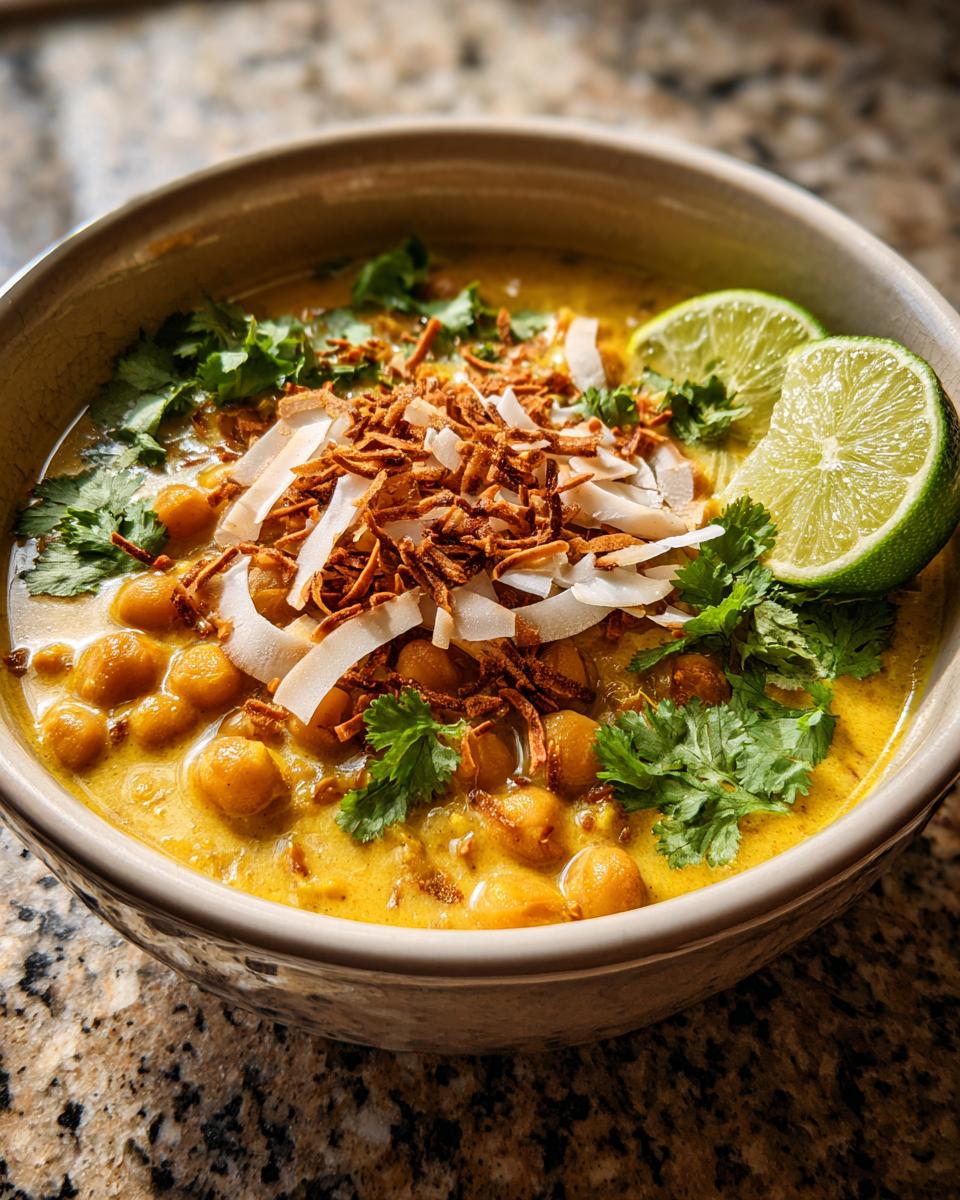Spiced Chickpea “Masala” Soup with Toasted Coconut & Lime
