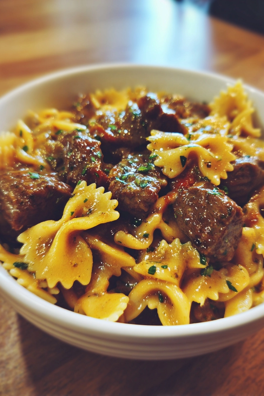 Creamy Parmesan Garlic Beef Bowtie Pasta
