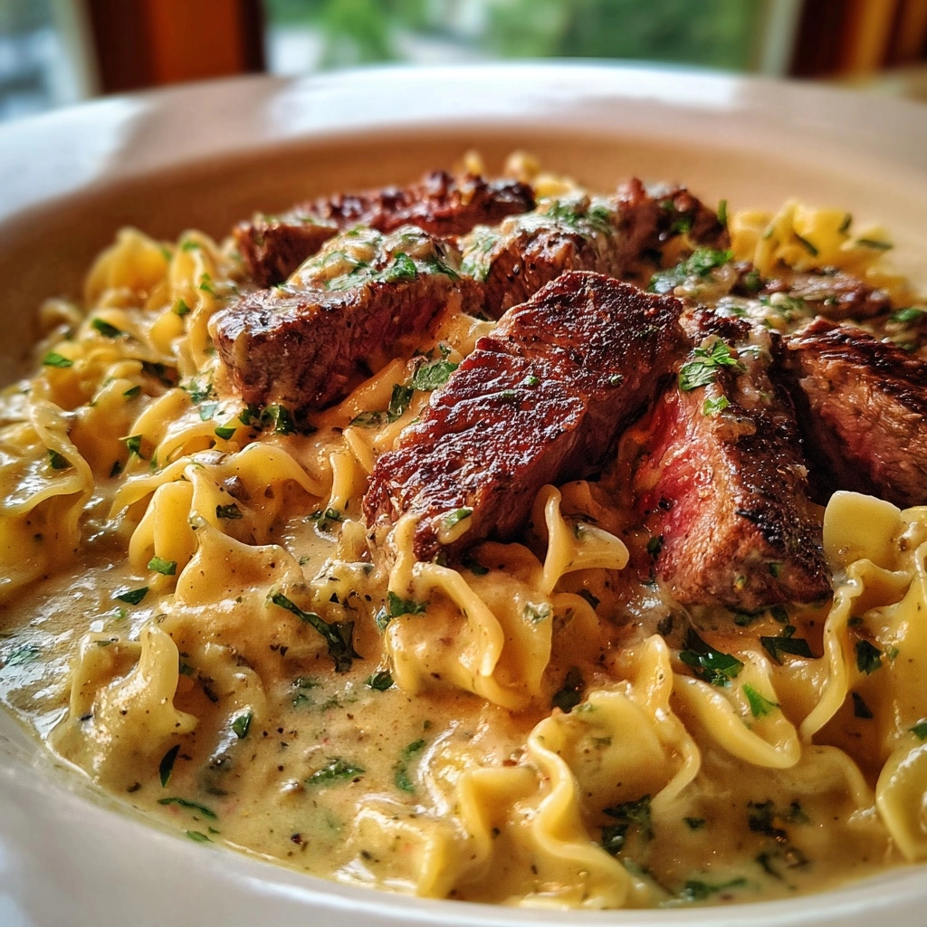 creamy garlic steak and pasta