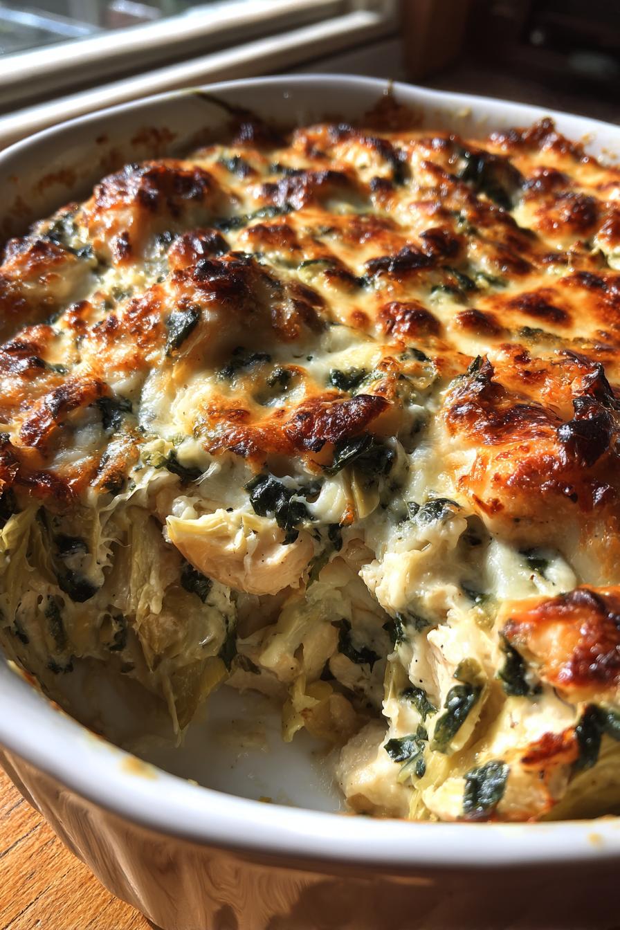 Keto spinach artichoke chicken bake