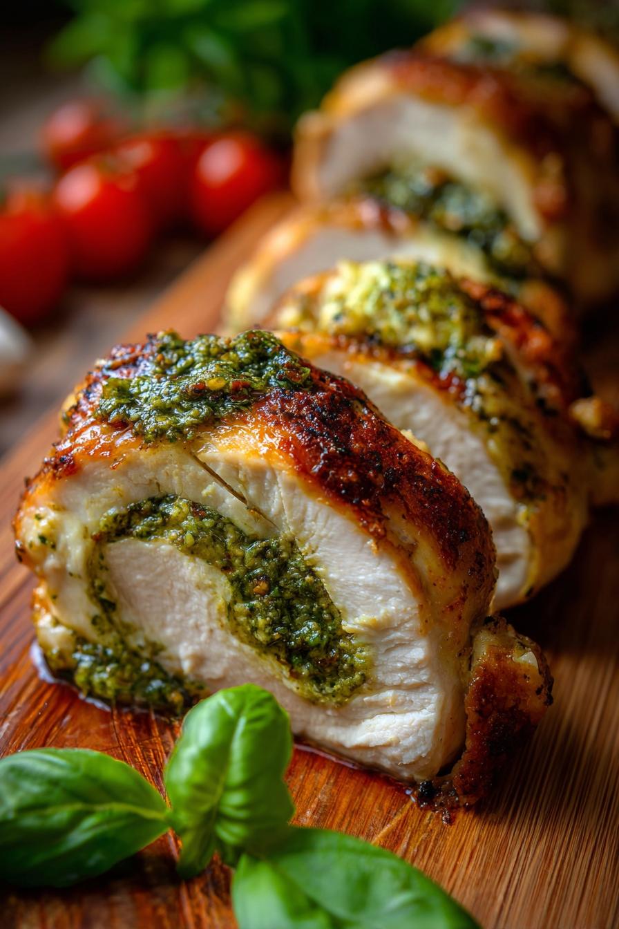 Low carb pesto chicken roll ups