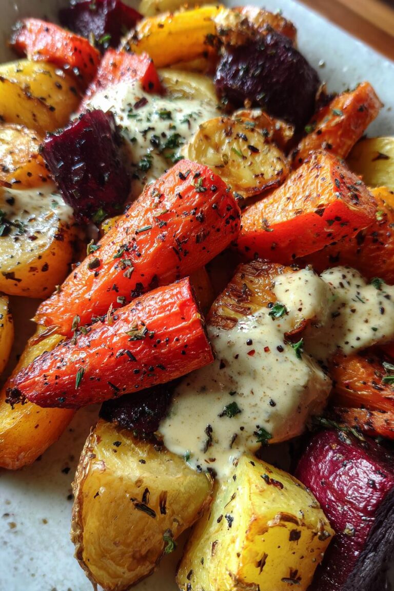 garlic herb roasted root vegetables with tahini drizzle