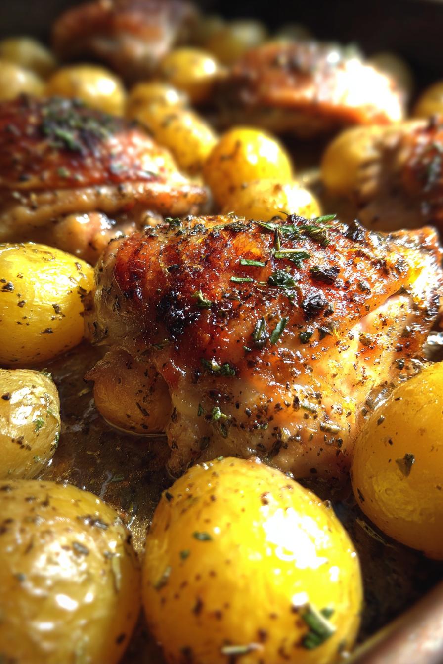 lemon herb roasted chicken thighs with baby potatoes
