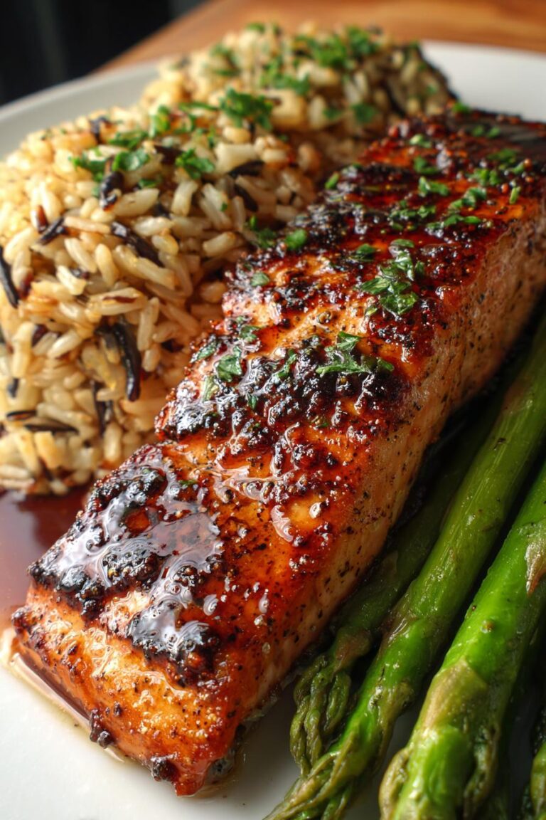 maple glazed salmon with wild rice pilaf & asparagus