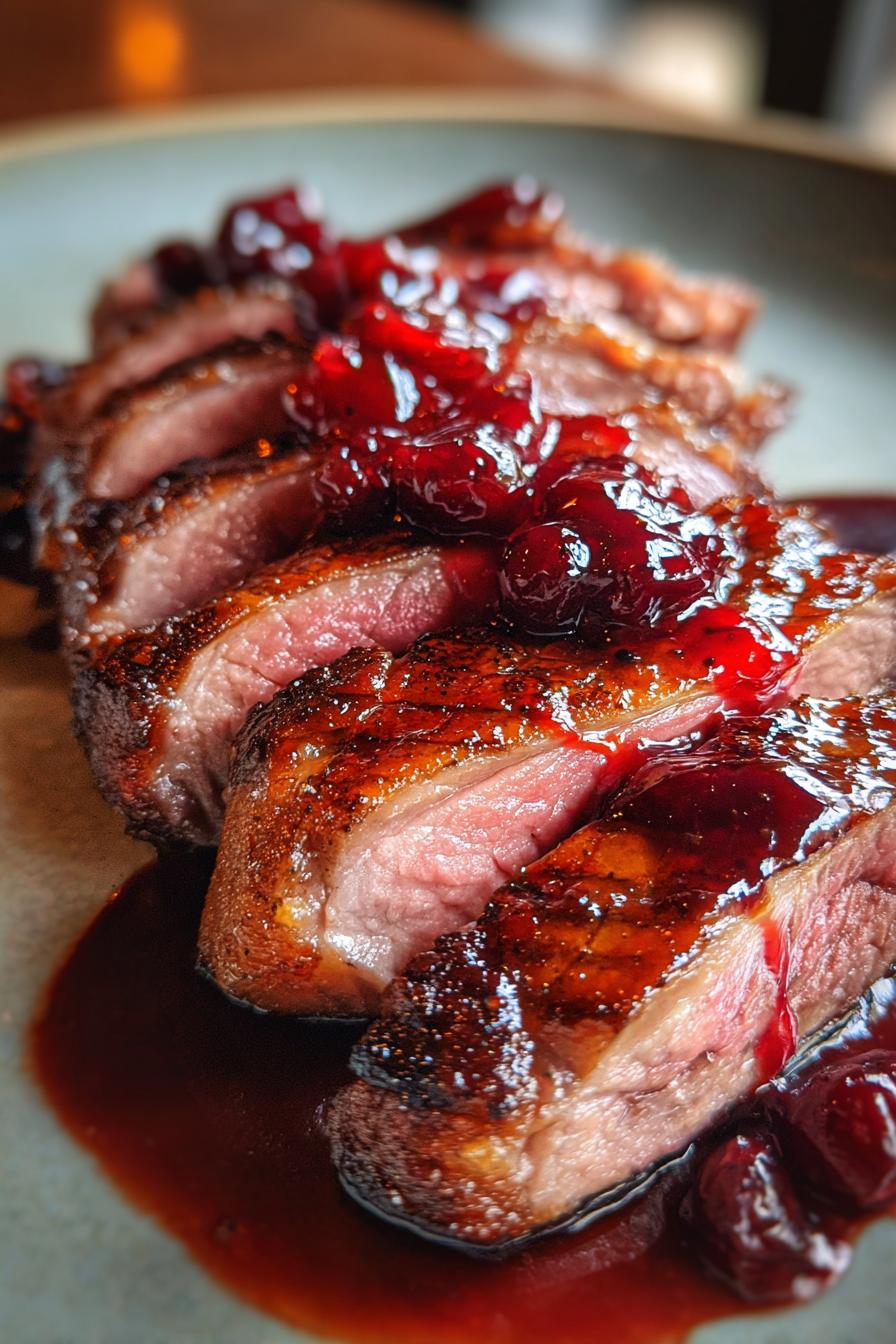 maple smoked duck breast with cherry gastrique
