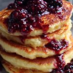 vegan almond flour pancake stack with blackberry compote
