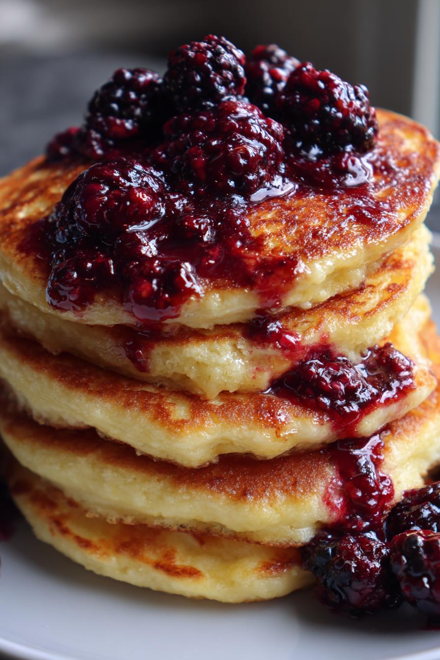 vegan almond flour pancake stack with blackberry compote