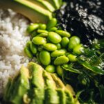 vegan sushi bowl with edamame, seaweed, avocado