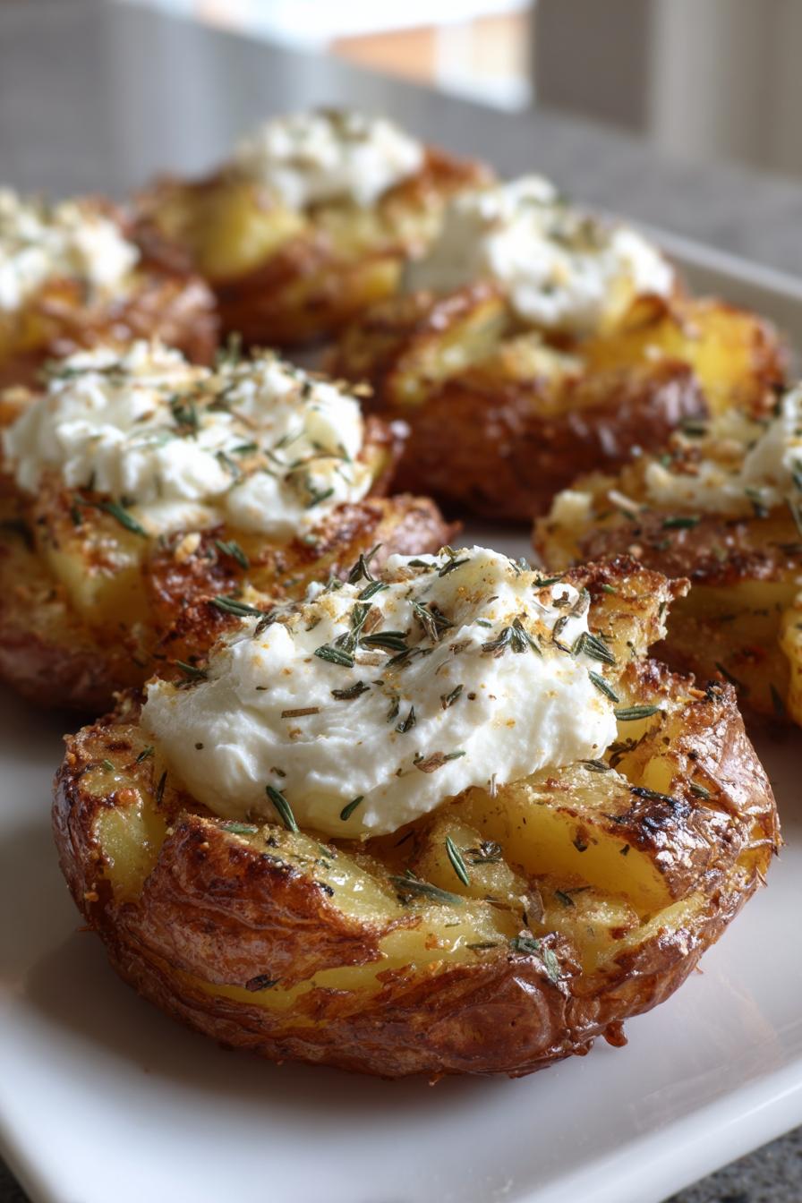 Air fryer smashed potatoes with whipped feta