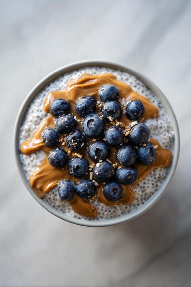 High-protein chia pudding with blueberries and peanut butter