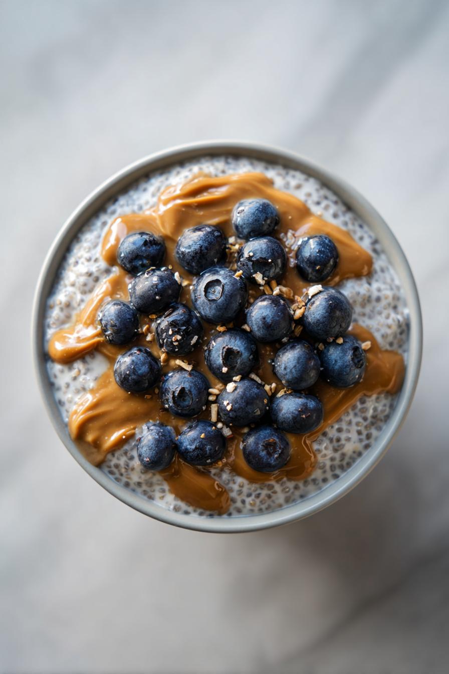 High-protein chia pudding with blueberries and peanut butter
