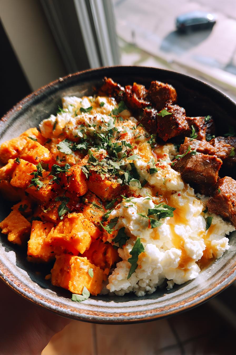 Hot honey cottage cheese sweet potato beef bowl