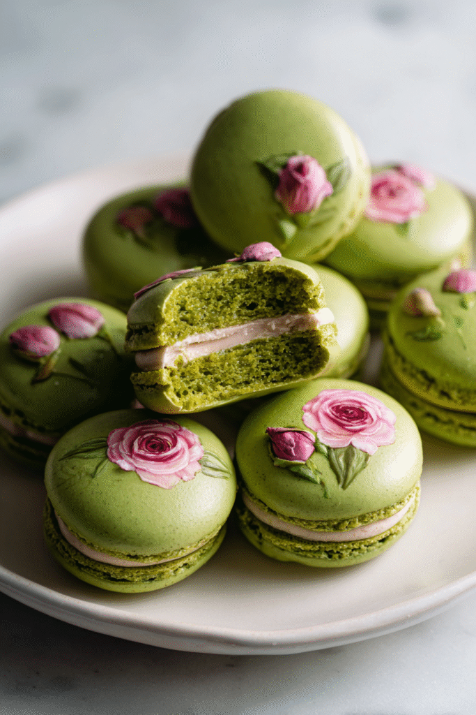 pistachio rose macarons